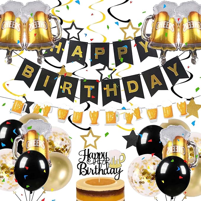 ZHENGYE Beer Party Decorations Set Happy Birthday Banner Star Hanging Swirls Beer Balloons Cake Topper Themed Party Decoration Birthday Supplies