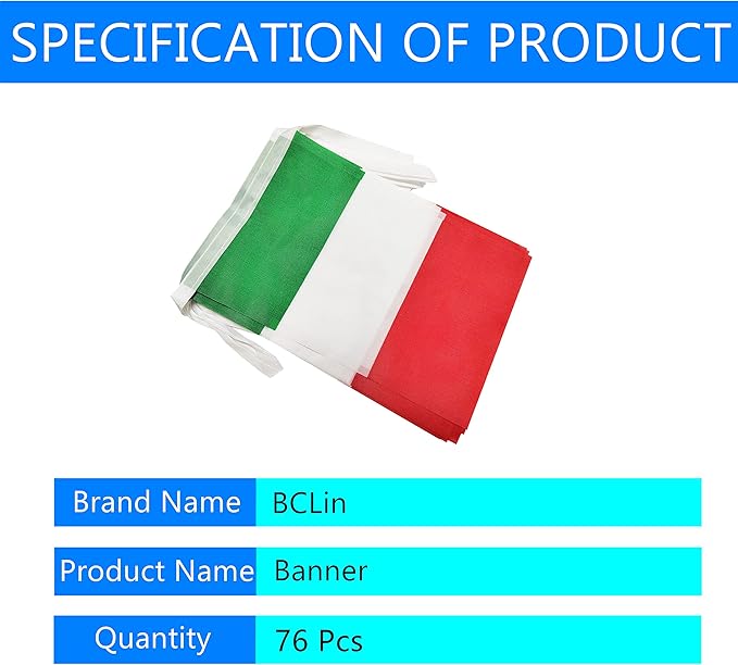 100 Feet Italy Italian Banner Flag String, Italy Mini Flag Small Banner, for Party, Shops and Bars Decorations, Outdoor Decorations, 76 Flags