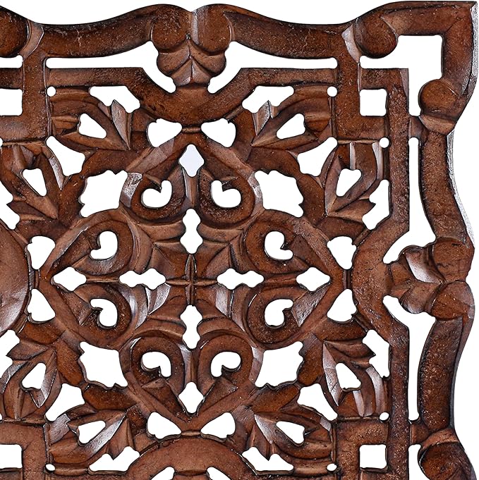 Woodify Hand-Carved Wooden Wall Décor – Set of 2, 12" x 12" Decorative Wood Panels, Floral Design, Natural Burnt Finish, Wall Art for Living Room & Home Décor