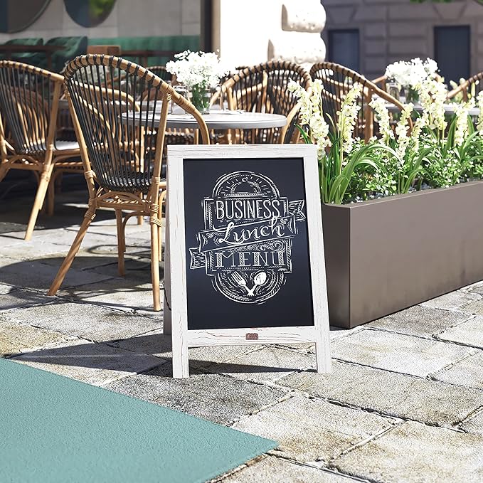 A Frame Chalkboard by HBCY Creations: 20x30 Solid Wood A-Frame Sign Whitewashed Double-Sided Magnetic Board, Chalkboard Menu Board, for Restaurants, Cafés, Weddings - Heavy Duty Hinges