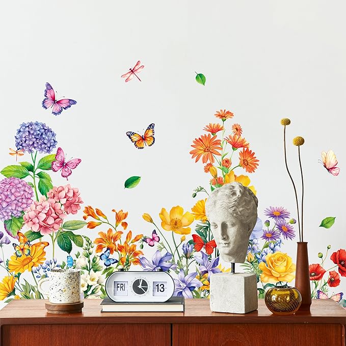 113 PCS Flower Wall Decals, Self-Adhesive Vinyl Wall Stickers, Wildflower, Butterfly & Dragonfly Stickers, Colorful Design Safe for Wall, Window, Door, Room Decor
