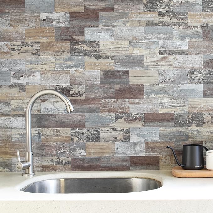 Yipscazo Peel and Stick backsplash 3 x 6 Inches 3D PVC Composite Wall Tile Stick on Backsplash Tile for Kitchen Bathroom, Laundry Room, Fireplace(Wood, 2 Pieces)