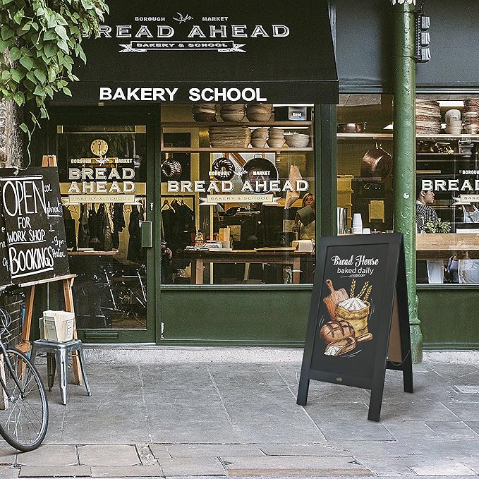 A Frame Chalkboard with Chalk Markers by HBCY Creations: 40x20 Solid Wood A-Frame Sign Gray Double-Sided Magentic Menu Board, Deluxe Set Includes 8 Chalk Markers, 10 Stencils, 2 Magnets