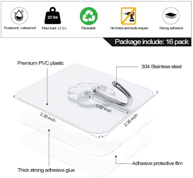 ZESLMG Adhesive Wall Hooks for Hanging, 16 Pack Self Sticky Hooks Heavy Duty 22lb Clear, Removable Shower Hook No Damage for Towel Key Coat Wreath Picture Outdoor Ceiling Bathroom Kitchen, Waterproof