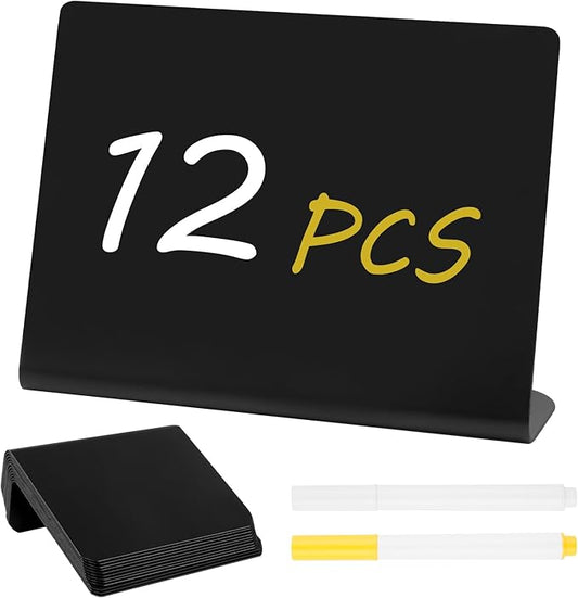 12 Pcs Mini Chalkboard Signs, 4"x3" Reusable PVC Food Labels for Party Buffet, Small Table Place Cards, Durable Chalk Board Signs for Tables, Birthday, Weddings, Bakery, Event Decoration (L Shape)