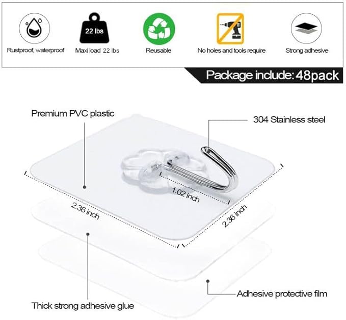 ZESLMG Adhesive Wall Hooks for Hanging, 48 Pack Self Sticky Hooks Heavy Duty 22lb Clear, Removable Shower Hook No Damage for Towel Key Coat Wreath Picture Outdoor Ceiling Bathroom Kitchen, Waterproof