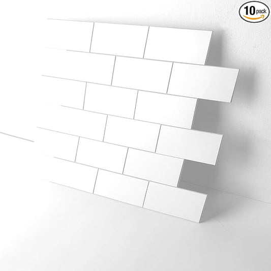 10-Pack Peel and Stick Tile Backsplash 12"X12" PVC Wall Tiles, Stick on Backsplash for Kitchen, Bathroom Tile, Fireplace Décor, Laundry Table, Stair Decals in Pure White