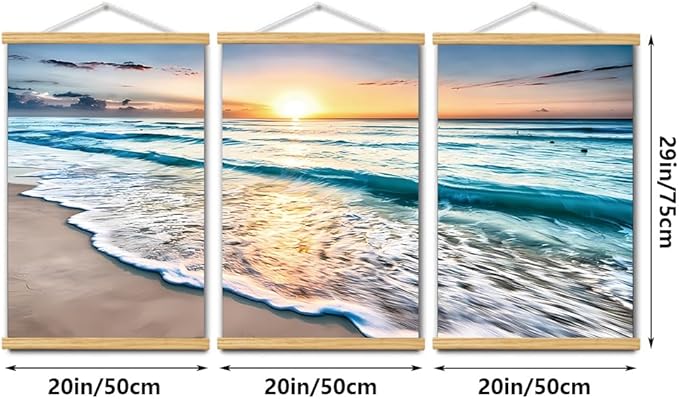 3pcs Beach Canvas Wall Art, Canvas Art with Frames, For Office Home Decor Bedroom Living Room Wall Decor. (Blue Beach, 29L x 20W, Framed)