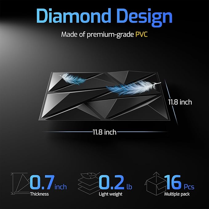 ZELMINE 16 Pack 3D Wall Panels for Interior Wall Decor, 11.8'' x 11.8'' Decorative Wall Panels, Accent Wall Panels, 3D Diamond Design Wall Decor for Living Room, Bedroom, Gaming Room, Black