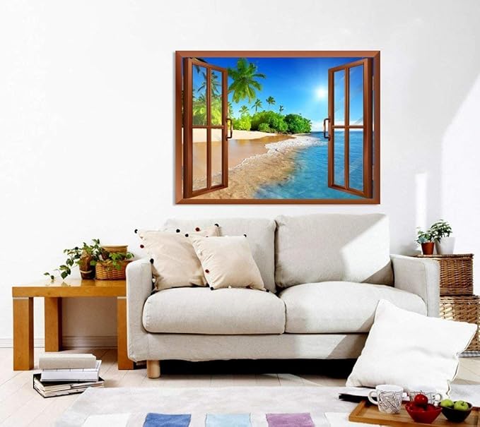 wall26 Beautiful Landscape of Palm Tree on The Beach and Clear Sea View from Inside a Window Removable Wall Sticker Wall Mural - 24"x32"