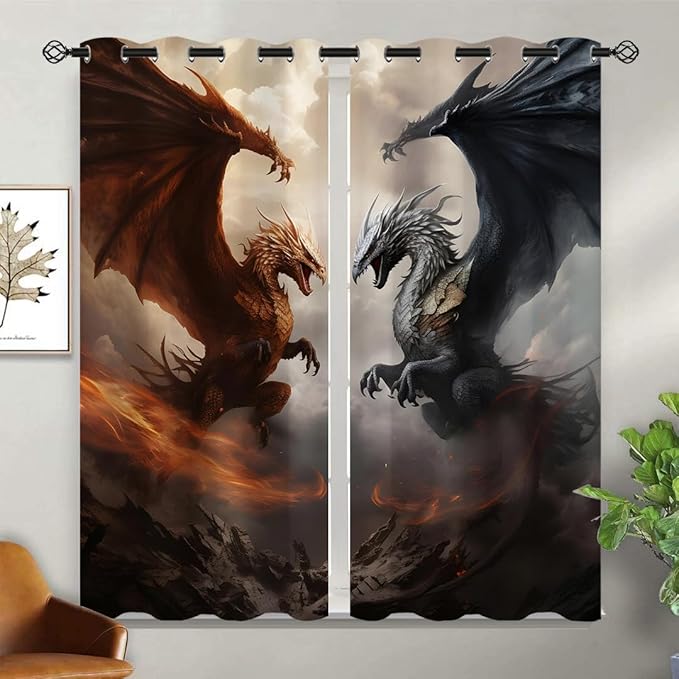 18TH CROZY Dragon Blackout Curtains for Girls Boy Home Decor, Fantasy Medieval Magical Animal Grommet Thermal Insulated Drapes Darkening Window Curtain for Bedroom Living Room, 42 x 45 Inch