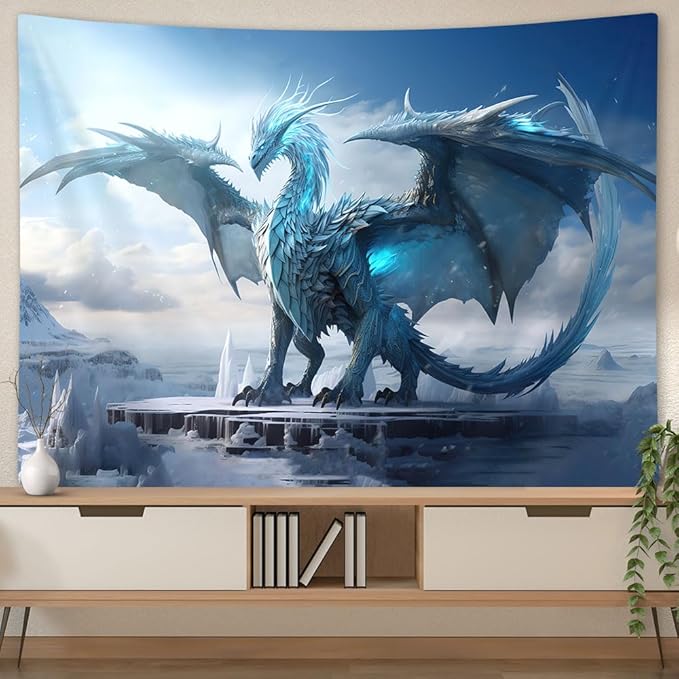 YDIDIAN Bule Dragon Tapestry, Medieval Fantasy Animals Cool Dragon Tapestry, Winter Snow Regions Art Aesthetics Wall Decor Tapestry Wall Hanging for Home College Dorm Living Room, Panels 90 x 70IN
