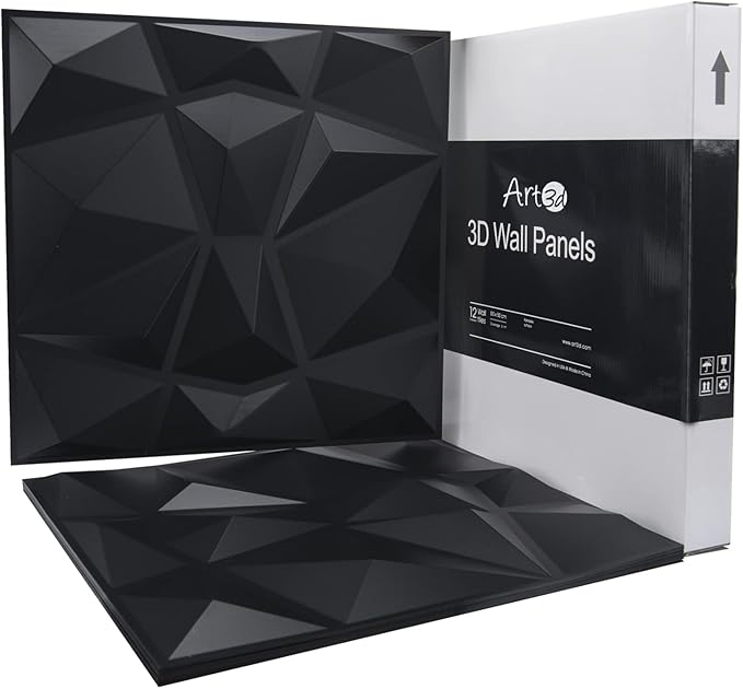 Art3d 3D Paneling Textured 3D Wall Design, Black Diamond, 19.7" x 19.7" (12 Pack)