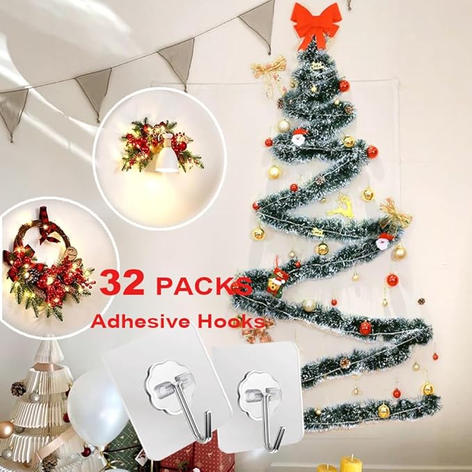 ZESLMG Adhesive Wall Hooks for Hanging, 32 Pack Self Sticky Hooks Heavy Duty 22lb Clear, Removable Shower Hook No Damage for Towel Key Coat Wreath Picture Outdoor Ceiling Bathroom Kitchen, Waterproof