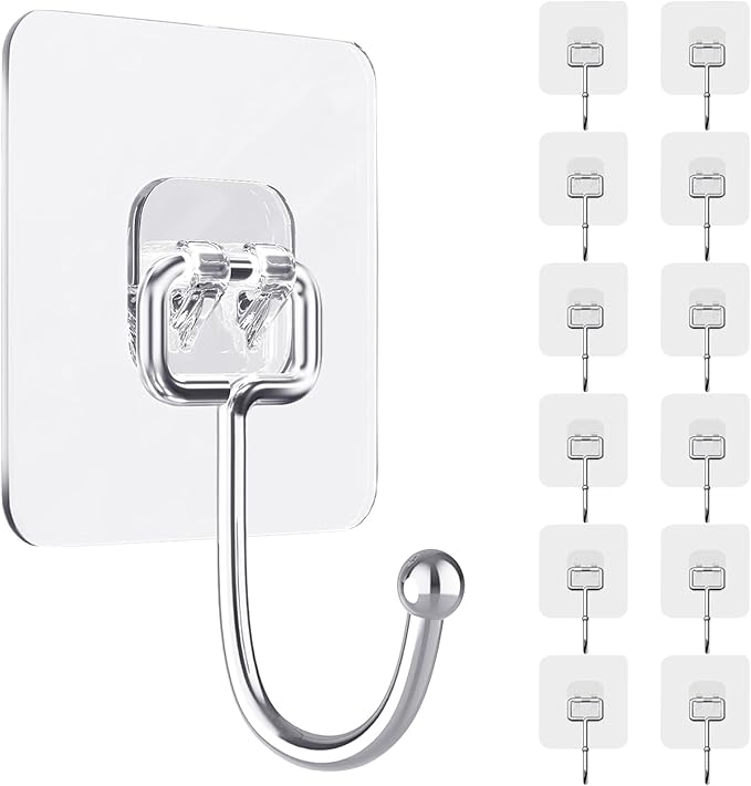 ZESLMG Large Adhesive Hooks for Hanging, 12 Pack Self Sticky Wall Hooks Heavy Duty 15lb Clear, Removable Shower Hook No Damage for Towel Key Coat Wreath Picture Outdoor Bathroom Kitchen, Waterproof
