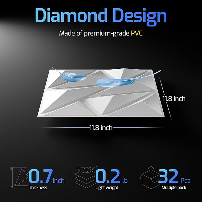 ZELMINE 32 Pack White 3D Wall Panels for Interior Wall Decor, 11.8'' x 11.8'' Decorative Wall Panels, Accent Wall Panels, 3D Diamond Design Wall Decor for Living Room, Bedroom, Gaming Room