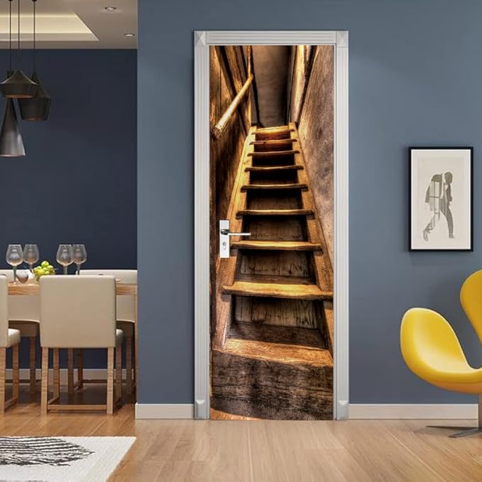3D Peel and Stick Murals - Wooden Stairs Wallpaper Removable PVC Waterproof Door Poster for Bedroom Living Room 37.4 x 78.7 inch