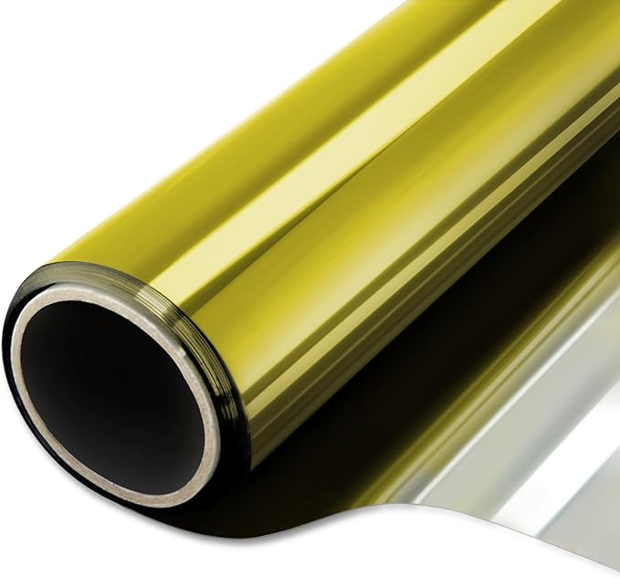 WPCTEV Window Film One Way Mirror Vinyl Daytime Privacy Static Non-Adhesive Decorative Heat Control Anti UV Window Tint for Home and Office Gold Silver 6 Mil 29.5 Inch x 6.5 Feet