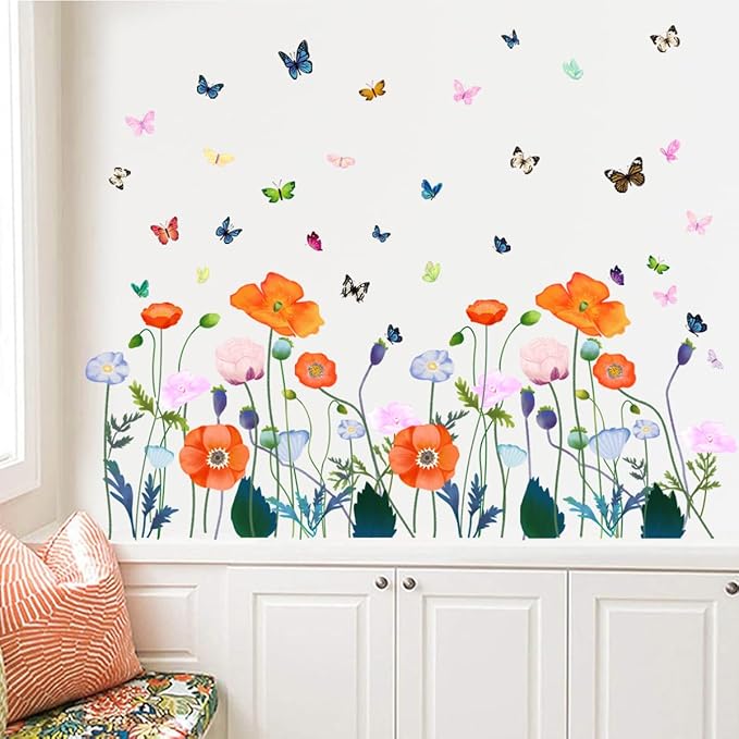 6 Pieces Flowers Wall Decals Vinyl Flowers Wall Stickers Removable Floral Murals Peel and Stick Colorful Flower Decor for Girls Bedroom Living Room Nursery (Orange)