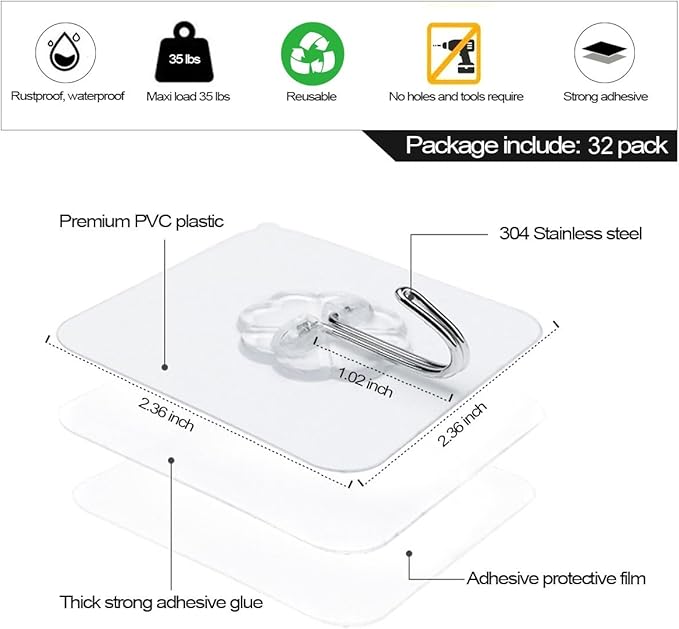 ZESLMG Adhesive Wall Hooks for Hanging, 32 Pack Self Sticky Hooks Heavy Duty 22lb Clear, Removable Shower Hook No Damage for Towel Key Coat Wreath Picture Outdoor Ceiling Bathroom Kitchen, Waterproof