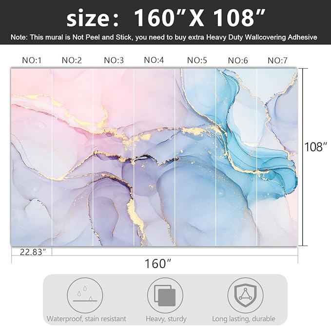 YIHWM -Coloured Marbled Fabric Wallpaper Abstraction Golden Art Living Room Bedroom Bathroom Wall Mural- 160"x108"（ not Peel and Stick）