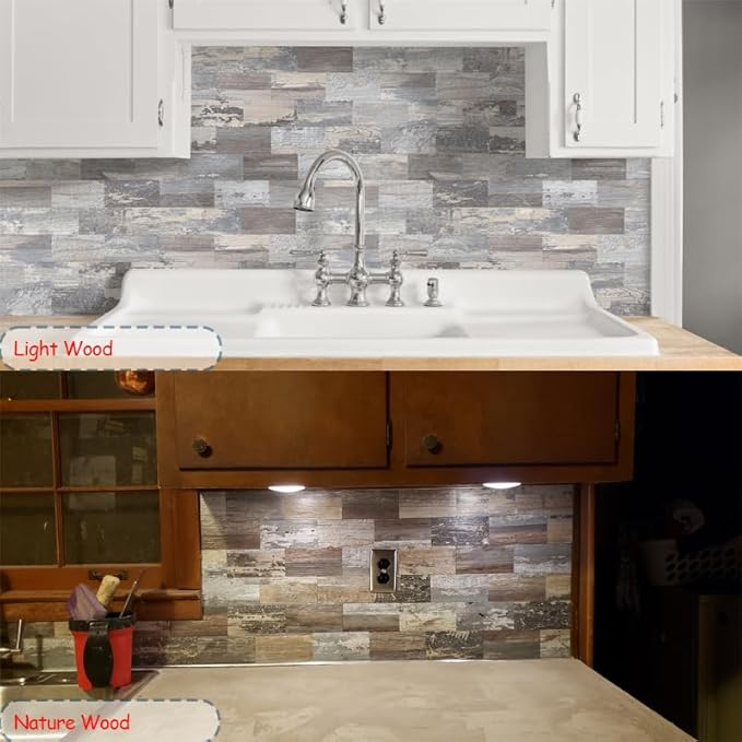 Yipscazo Peel and Stick backsplash 3 x 6 Inches 3D PVC Composite Wall Tile Stick on Backsplash Tile for Kitchen Bathroom, Laundry Room, Fireplace(Vintage Wood Grain, 100 Pieces)