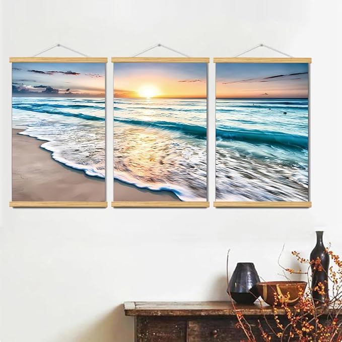 3pcs Beach Canvas Wall Art, Canvas Art with Frames, For Office Home Decor Bedroom Living Room Wall Decor. (Blue Beach, 24L x 16W, Framed)