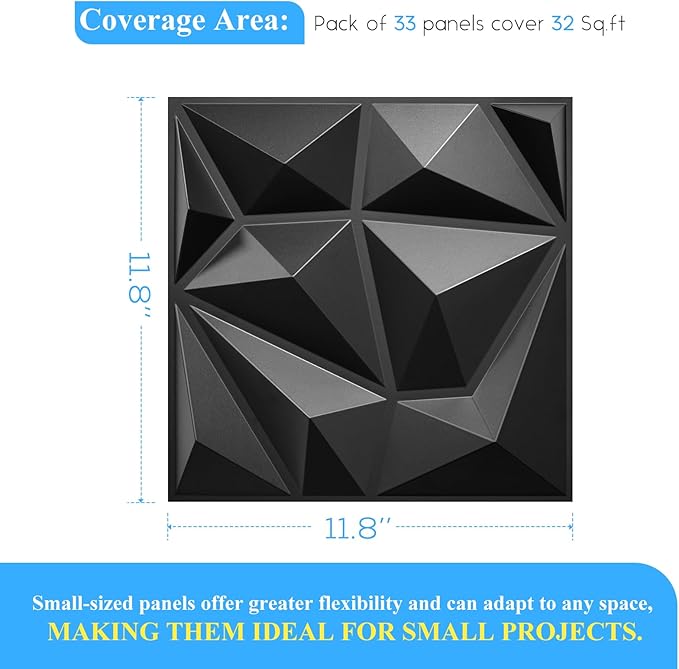 33 Pack Decorative 3D Wall Panels for Interior Wall Decor,12''x12'' Black Diamond Design Accent Wall Panles for Living Room,TV Wall Background,Bedroom