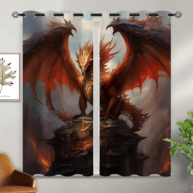 18TH CROZY Dragon Blackout Curtains for Girls Boy Home Decor, Medieval Fantasy Magical Red Animal Grommet Thermal Insulated Drapes Darkening Window Curtain for Bedroom Living Room, 42 x 63 Inch