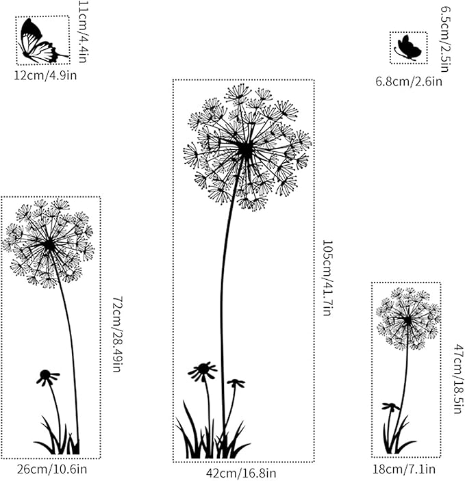 Arawat 2 Set Dandelion Wall Decals, Flower Stickers, Murals With Butterflies for Bedroom, Office, Bathroom, Living Room - Removable Floral Peel and Stick Art Decoration