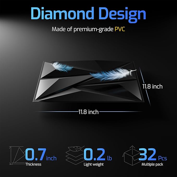 3D Wall Panels for Interior Wall Decor, 32 pcs PVC Wall Panels, 11.8''x11.8'' Decorative Accent Wall Panels for Game Rooms, TV Walls Background, Living Rooms, Decorative Wall Panels, Black