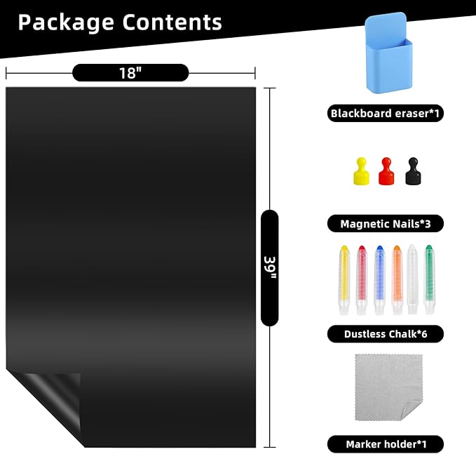 Yunihome Magnetic Black Dry Erase Board for Refrigerator, 18" x 39"Chalk Board Contact Paper Decal for School, Office, Kitchen Fridge, Kids Drawing with Dustless Chalk, Holder and Magnets