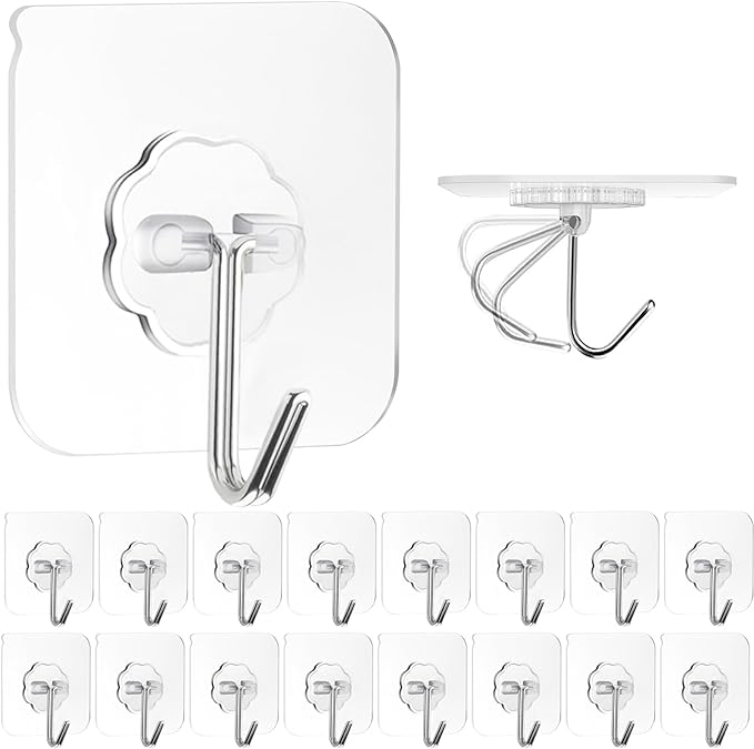 ZESLMG Adhesive Wall Hooks for Hanging, 16 Pack Self Sticky Hooks Heavy Duty 22lb Clear, Removable Shower Hook No Damage for Towel Key Coat Wreath Picture Outdoor Ceiling Bathroom Kitchen, Waterproof