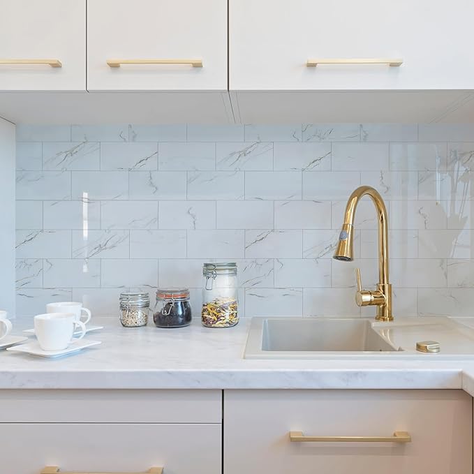 Yipscazo Peel and Stick backsplash 3 x 6 Inches 3D PVC Composite Wall Tile Stick on Backsplash Tile for Kitchen Bathroom, Laundry Room, Fireplace(Polished Carat Gold, 32 Pieces)