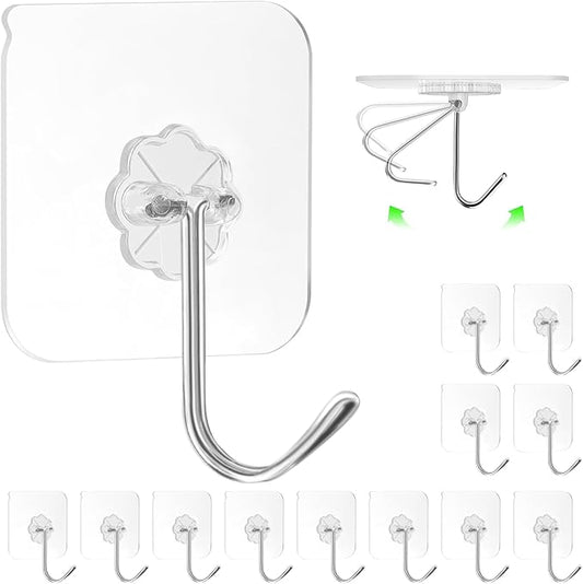 ZESLMG Adhesive Wall Hooks No Damage for Hanging, 12 Pack Large Self Sticky Hooks Heavy Duty 44lb Removable, Clear Hook for Shower Towel Coat Key Picture Wreath Outdoor Bathroom Kitchen, Waterproof