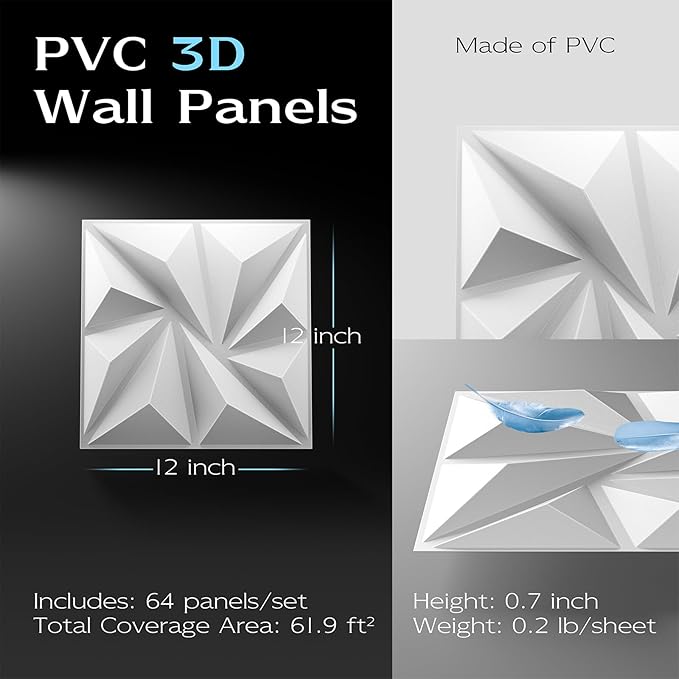 64-Pack 3D Wall Panels, 94" x 94" Textured Geometric Design Wall Tiles, PVC Decorative Wall Panels for Living Room, Bedroom, Bathroom, Office, Modern Wall Decor, Easy Install & Paintable - White