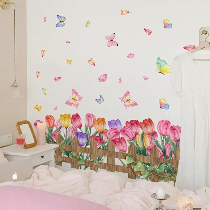 2 Pieces Tulips Wall Decals Vinyl Flowers Wall Stickers Removable Floral Art Murals Peel and Stick Colorful Tulips Fence Butterfly Decor for Girls Bedroom Living Room Nursery