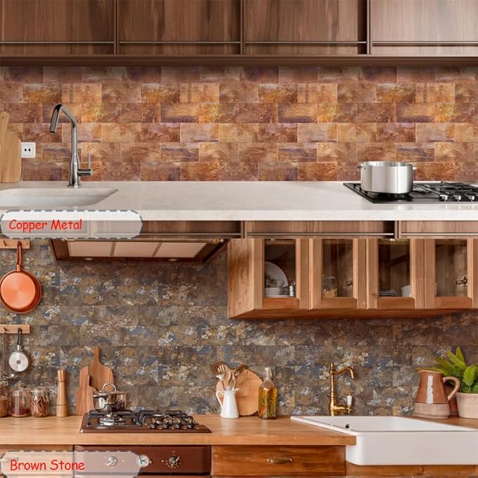 Yipscazo Peel and Stick backsplash 3 x 6 Inches 3D PVC Composite Wall Tile Stick on Backsplash Tile for Kitchen Bathroom, Laundry Room, Fireplace(Rust-Slate, 100 Pieces)