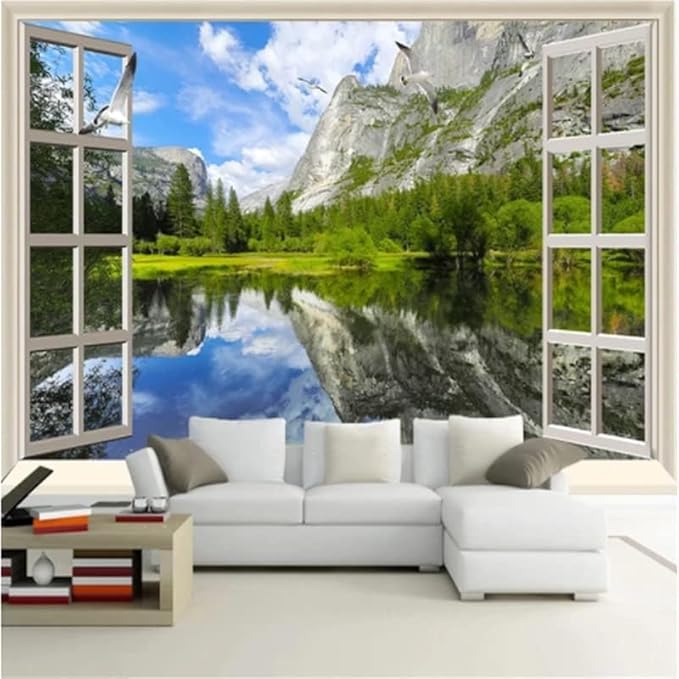 YTTBDBD Landscape False Windows 3D Mural, Lake Reflection Wallpaper Wall Mural Sticker Home Decor for Bedroom Office Living Room Wall Artwork Decor-Not Peel and Stick-59 W x 39.4" H/150x100cm-Silk