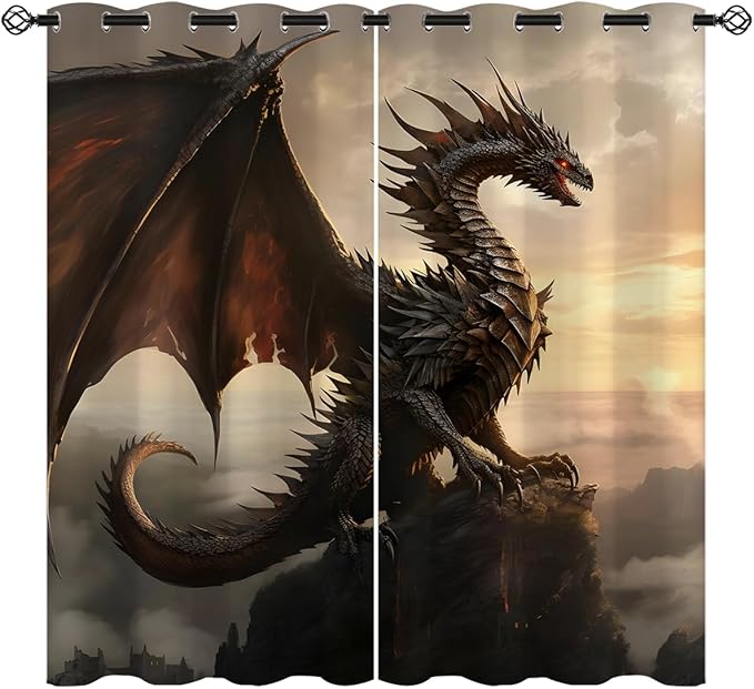18TH CROZY Dragon Blackout Curtains for Girls Boy Home Decor, Medieval Fantasy Magical Animal Grommet Thermal Insulated Drapes Darkening Window Curtain for Bedroom Living Room, 63 x 63 Inch