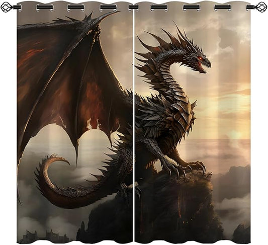 18TH CROZY Dragon Blackout Curtains for Girls Boy Home Decor, Medieval Fantasy Magical Animal Grommet Thermal Insulated Drapes Darkening Window Curtain for Bedroom Living Room, 84 x 84 Inch