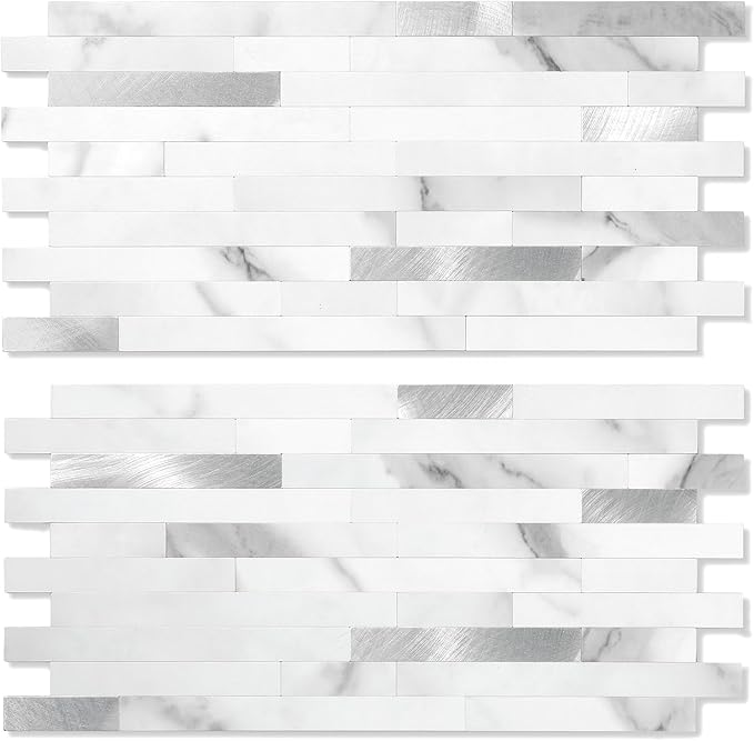 Yipscazo 2026 New Upgrade Peel and Stick Stone Metal Backsplash, PVC Wall Tiles Stick on Tiles for Backsplash Kitchen, Bathroom, Fireplace (40 Sheets, Marble White)
