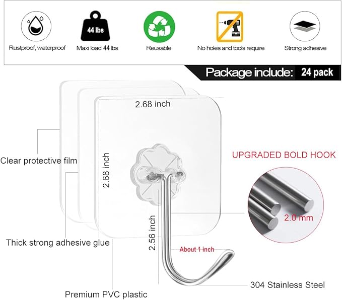 ZESLMG Adhesive Wall Hooks No Damage for Hanging, 24 Pack Large Self Sticky Hooks Heavy Duty 44lb Removable, Clear Hook for Shower Towel Coat Key Picture Wreath Outdoor Bathroom Kitchen, Waterproof