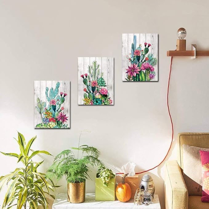 3 Piece Framed Wall Art Watercolor Tropical Plant Desert Cactus Canvas Print for Bedroom Bathroom Spiny Flower Artwork Home Office Wall Decoration 12x16 3 panels Decor