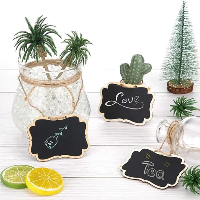 16pcs Mini Wooden Chalkboard Tags with String Black Reusable Small Hanging Chalk Board Sign Mini Erasable Chalkboard Labels for Food Labels Wedding Parties Price Message Tags