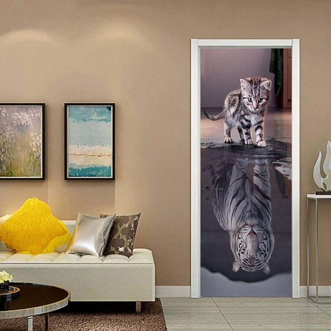 3D Door Wallpaper Self-Adhesive Sticker - Cat Become Tiger Film Poster Premium PVC Waterproof Wall for Bedroom Living Room Decoration 86 x 200 cm