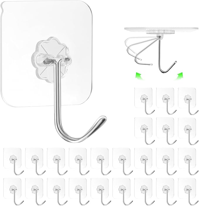 ZESLMG Adhesive Wall Hooks No Damage for Hanging, 24 Pack Large Self Sticky Hooks Heavy Duty 44lb Removable, Clear Hook for Shower Towel Coat Key Picture Wreath Outdoor Bathroom Kitchen, Waterproof