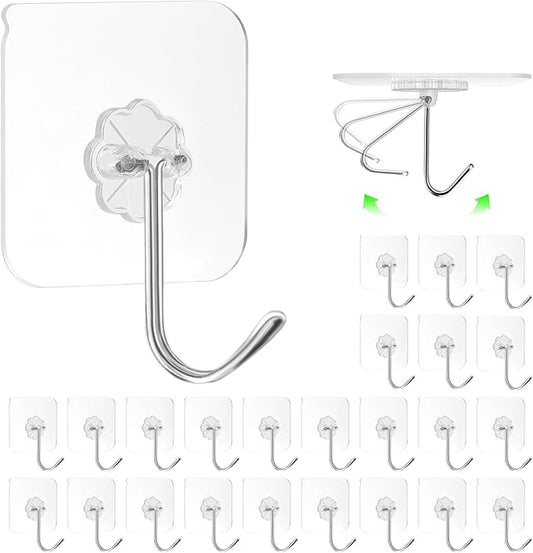 ZESLMG Adhesive Wall Hooks No Damage for Hanging, 24 Pack Large Self Sticky Hooks Heavy Duty 44lb Removable, Clear Hook for Shower Towel Coat Key Picture Wreath Outdoor Bathroom Kitchen, Waterproof