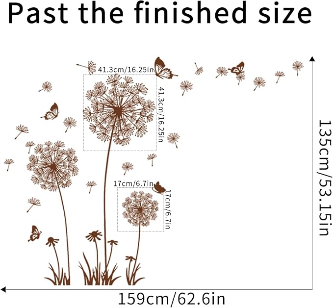 2 Sheets Dandelion Wildflower Wall Decals Art, Wall Art Stickers Peel and Stick Floral Butterflies Flying Decor for Girls Kids Women Baby Nursery Living Room Bedroom Bathroom Hallway Stairwell (Brown)
