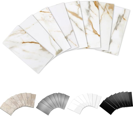 Yipscazo Peel and Stick backsplash 3 x 6 Inches 3D PVC Composite Wall Tile Stick on Backsplash Tile for Kitchen Bathroom, Laundry Room, Fireplace(Carla with Gold, 100 Pieces)